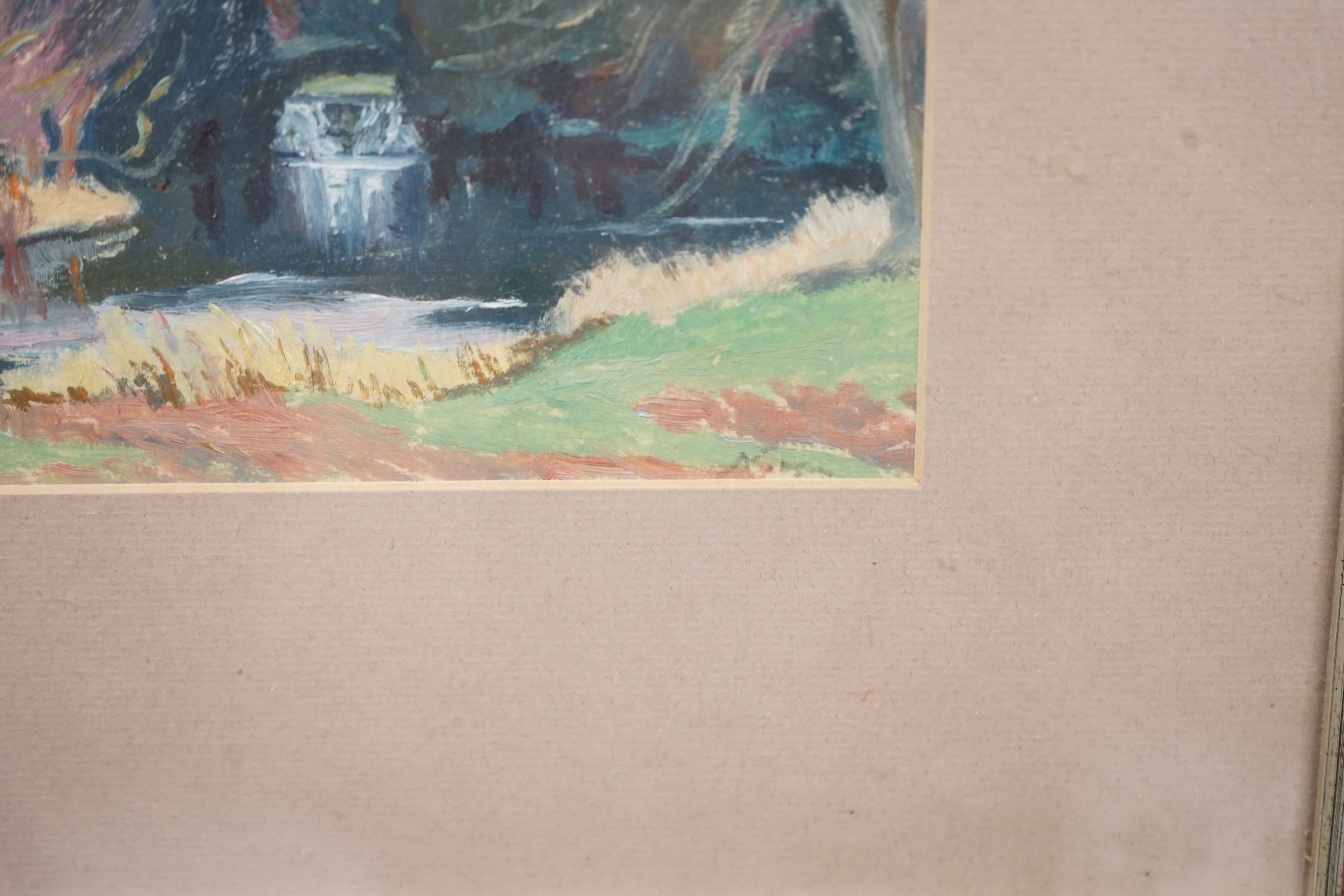 Margaret Graeme Niven (1906-1997), impressionist oil, Lakeside landscape, inscribed verso, 13 x 21.5cm. Condition - fair